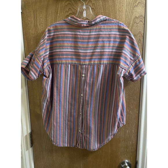 Madewell Courier Button-Back Shirt in Rainbow Stripe V-neck Cotton Oversized XXS - Picture 9 of 12